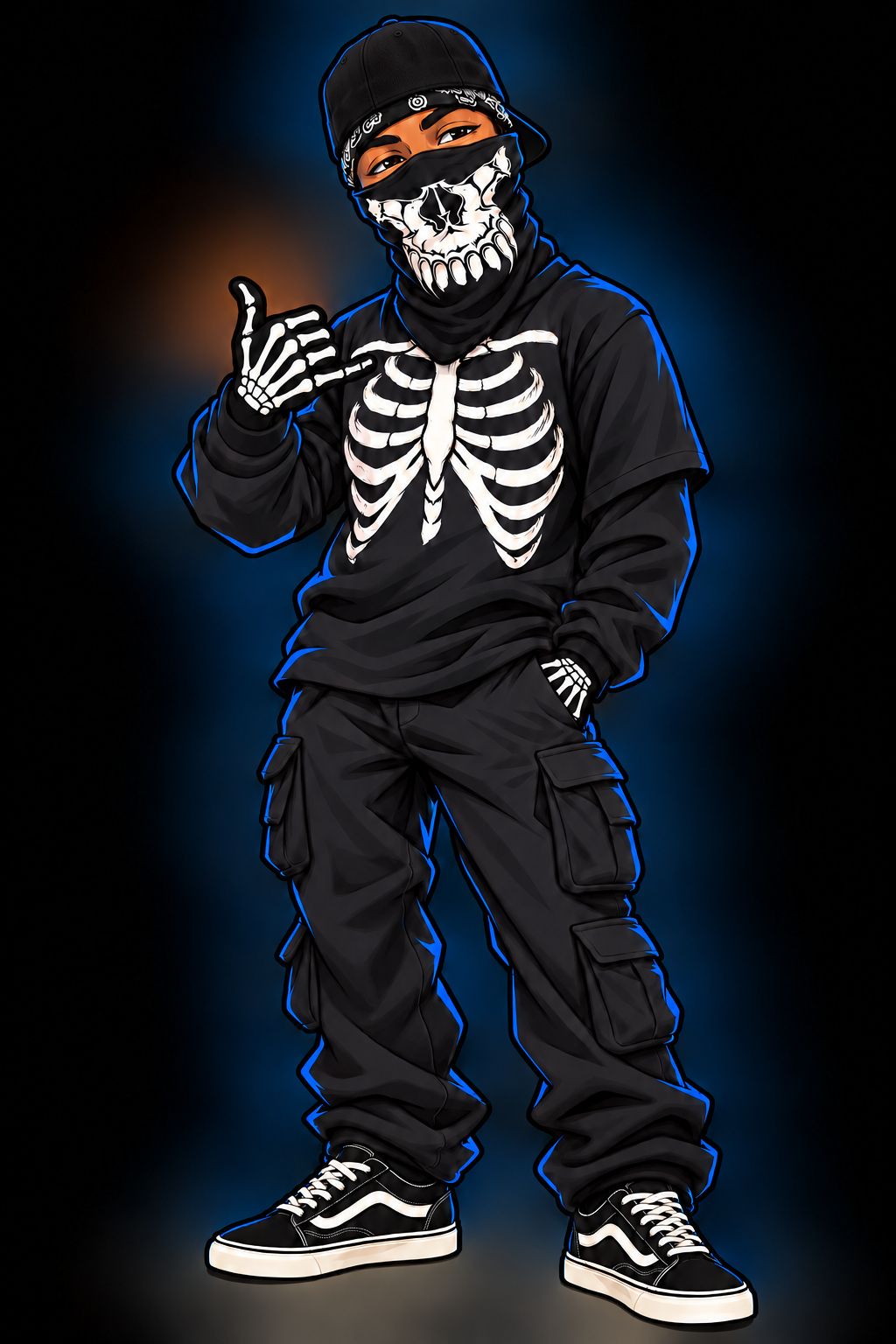 Bones throwing a shaka, wearing a backward black fitted cap, skull bandana, skeleton shirt and gloves, cargo pants and black Vans.